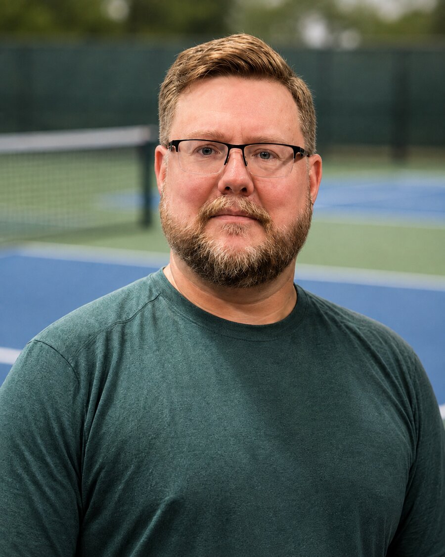 Nick Carter, pickleball coach, on an outdoor pickleball court